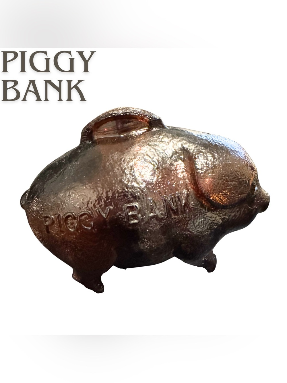 Vintage Amber Glass Piggy Bank Mid Century Pressed Glass Coin Bank Figurine 5.5”